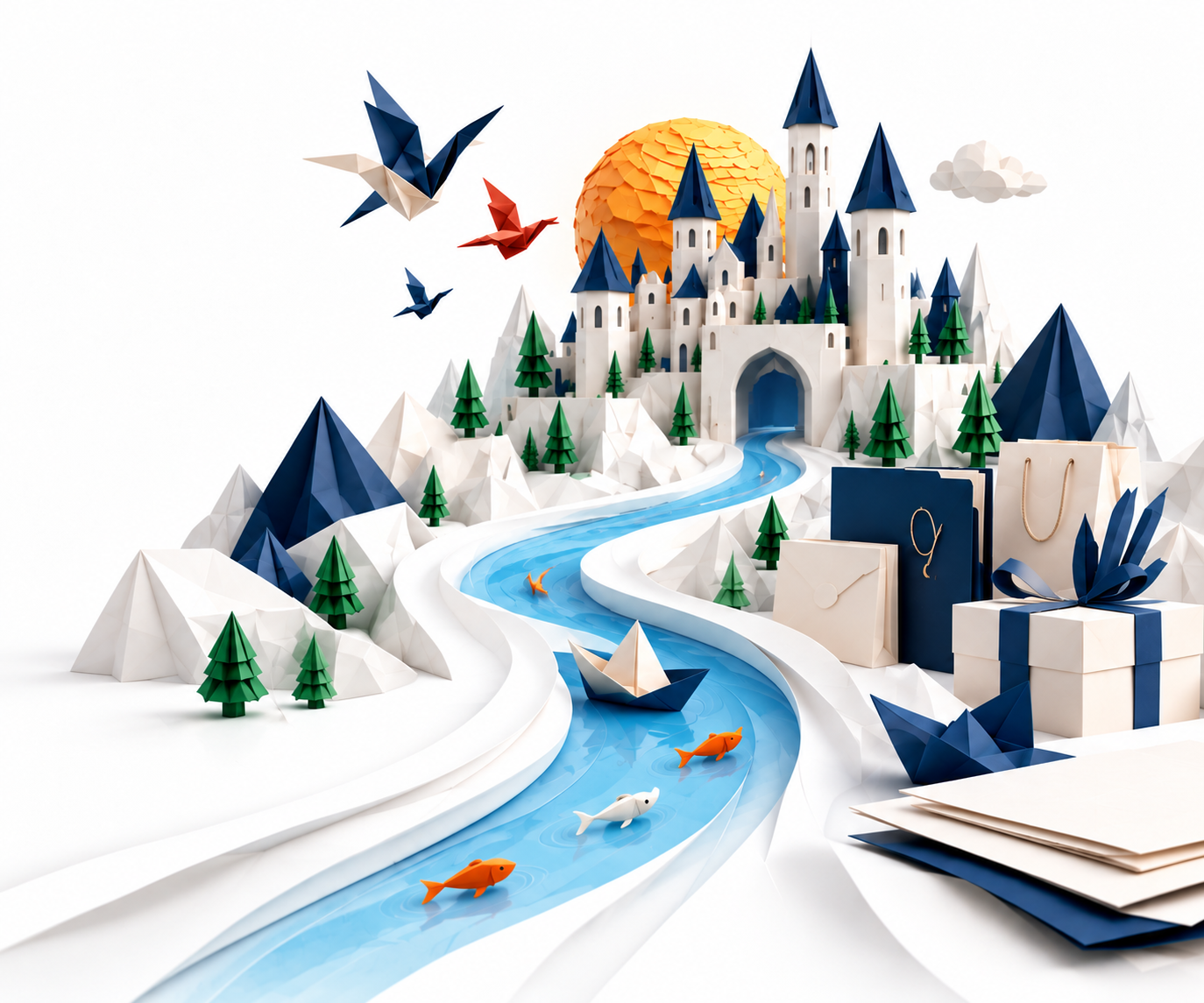 Universo de papel DLR Office: castillo de origami, río, barcos, peces y empaques de papel